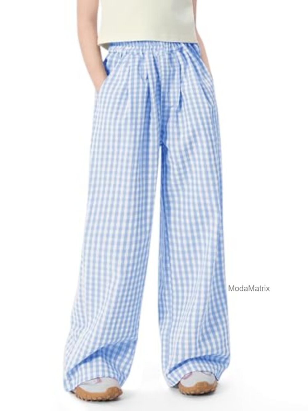 Girls Gingham Cotton Blend Pants Elastic High Waist Casual